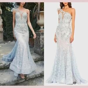 MAC DUGGAL 79264 EMBROIDERED APPLIQU FEATHERED ONE SHOULDER CRYSTAL BLUE GOWN 14